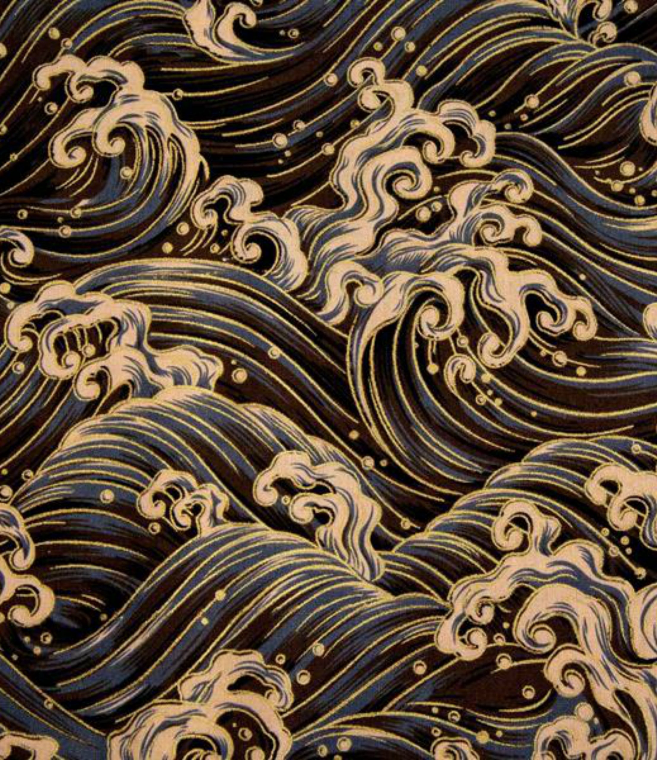 100 Cotton Japanese Gilded Fabric Golden Waves on Black & Grey