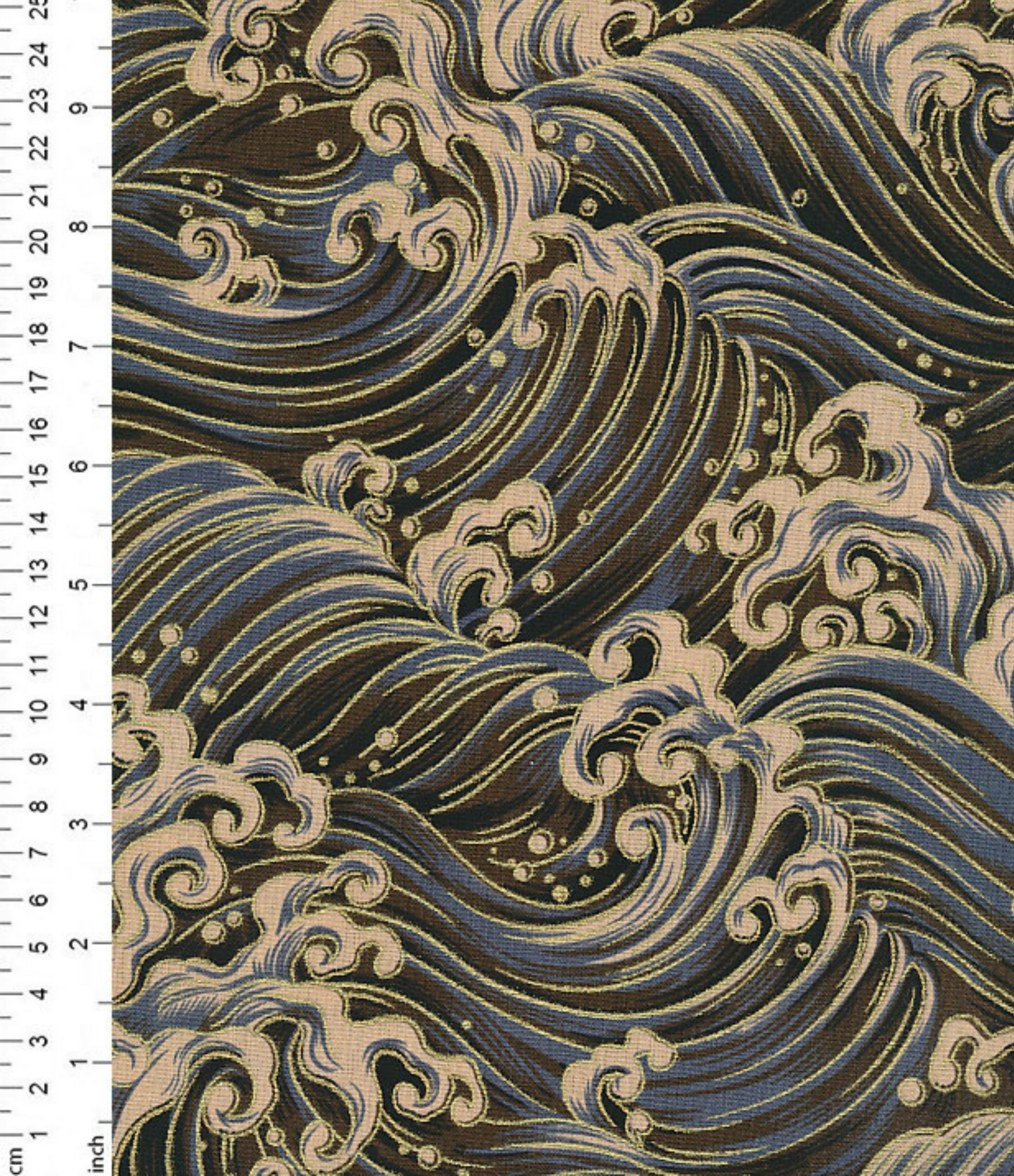 100 Cotton Japanese Gilded Fabric Golden Waves on Black & Grey
